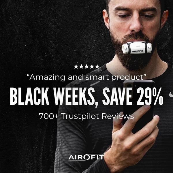 A 1:1 format ad showing a user with a breathing trainer device, highlighting a 29% discount and social proof from Trustpilot reviews.